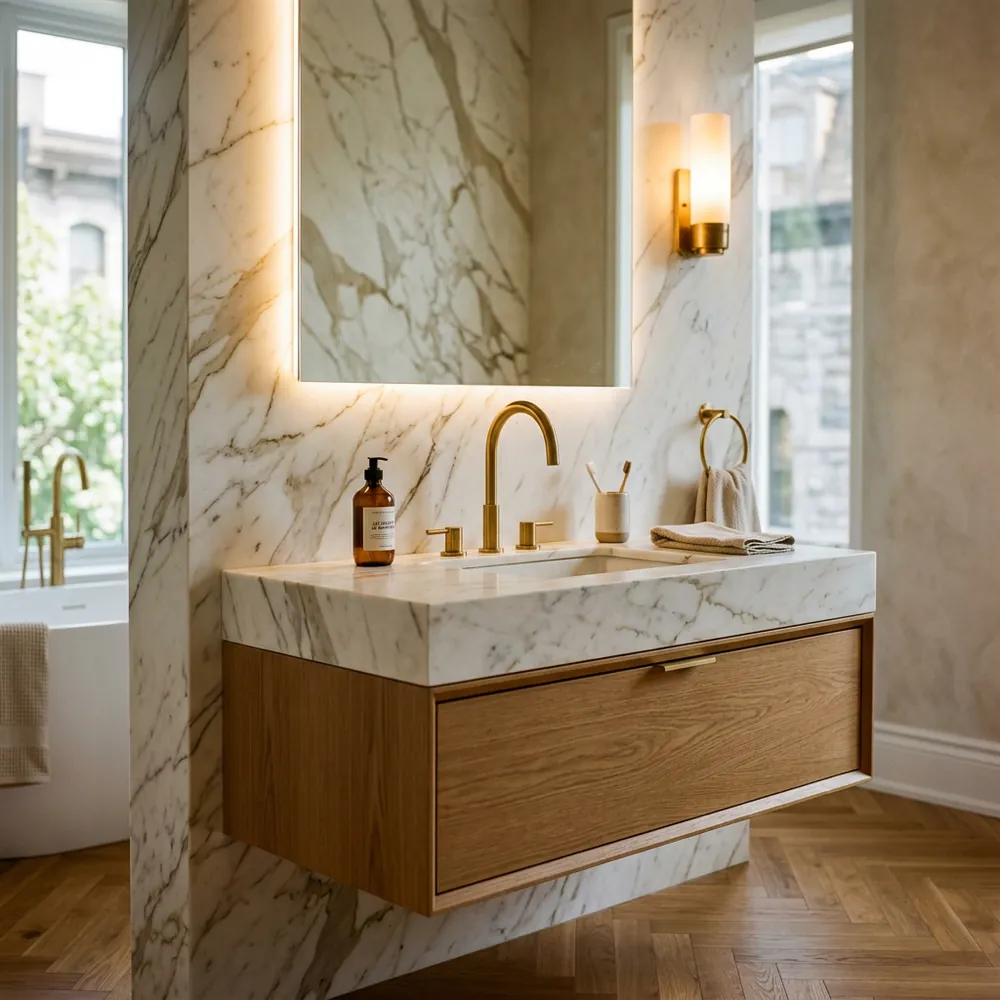 Floating oak vanity with marble sink and brass faucet