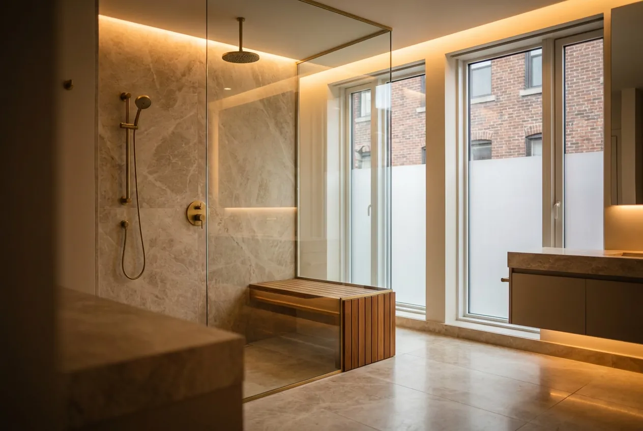 Marble walk-in shower with brass rainfall head