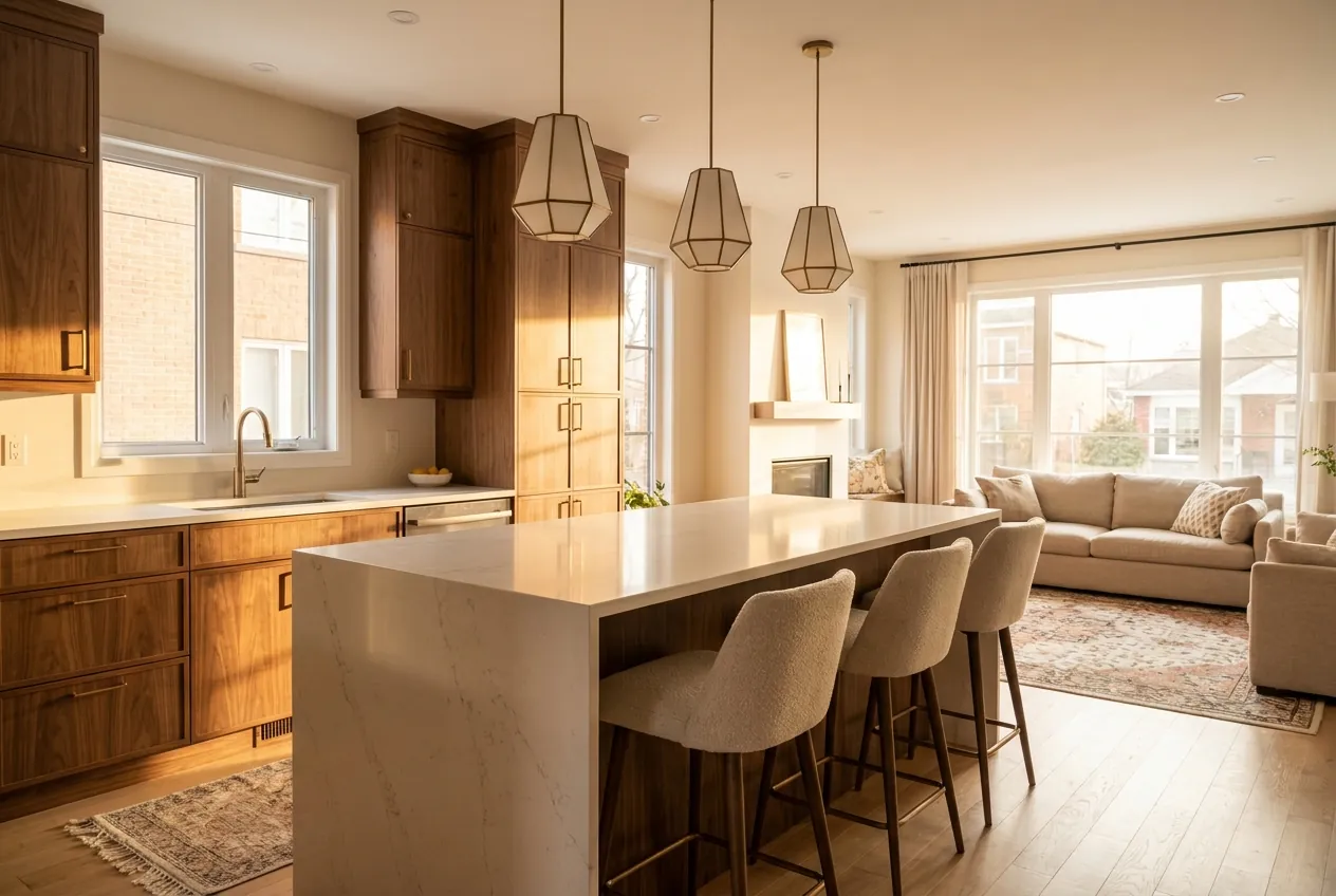 Custom kitchen with walnut cabinetry and a waterfall island